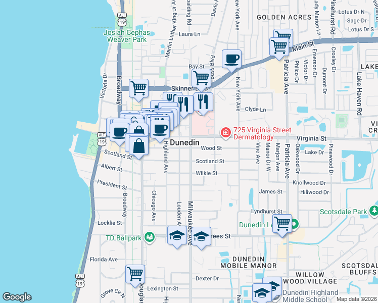 map of restaurants, bars, coffee shops, grocery stores, and more near 727 Milwaukee Avenue in Dunedin