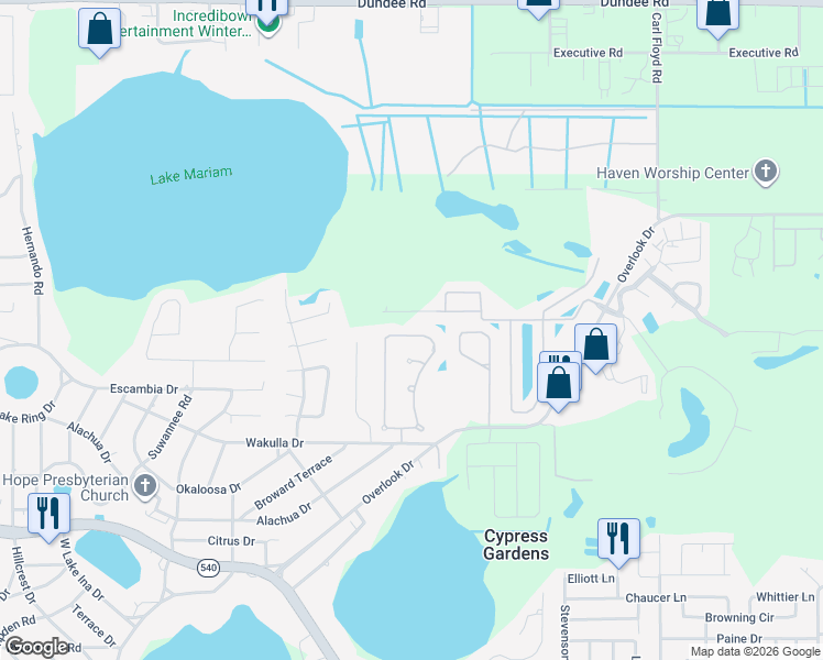 map of restaurants, bars, coffee shops, grocery stores, and more near 242 Santa Rosa Drive in Winter Haven