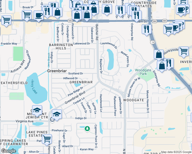 map of restaurants, bars, coffee shops, grocery stores, and more near 2186 Greenbriar Boulevard in Clearwater