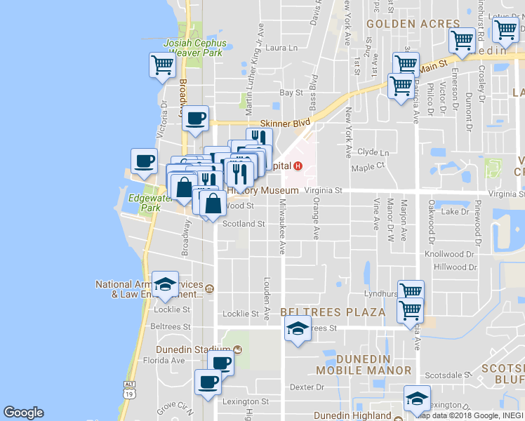 map of restaurants, bars, coffee shops, grocery stores, and more near 525 Wood Street in Dunedin