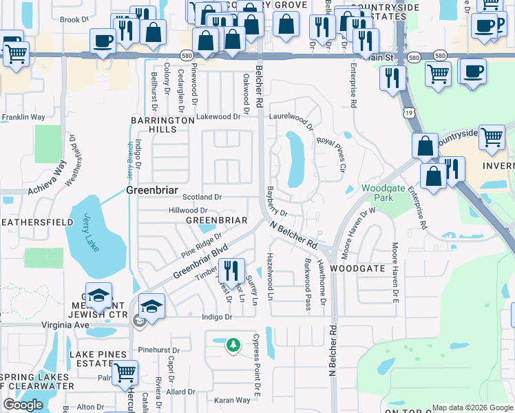 map of restaurants, bars, coffee shops, grocery stores, and more near 2186 Greenbriar Boulevard in Clearwater