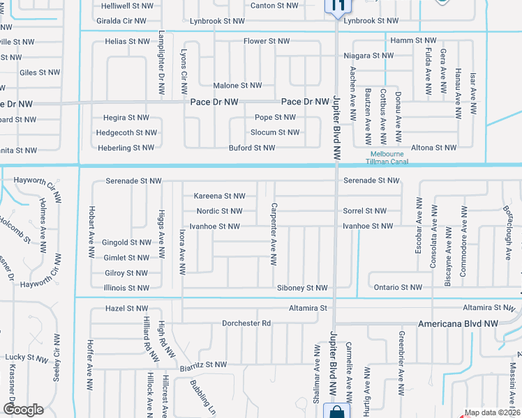map of restaurants, bars, coffee shops, grocery stores, and more near 535 Fernwood Avenue Northwest in Palm Bay