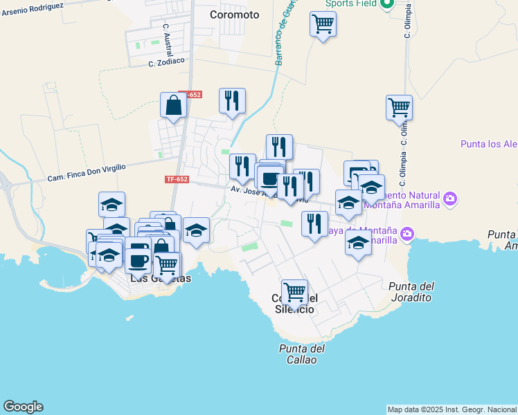 map of restaurants, bars, coffee shops, grocery stores, and more near 2 Calle Diana in Costa del Silencio