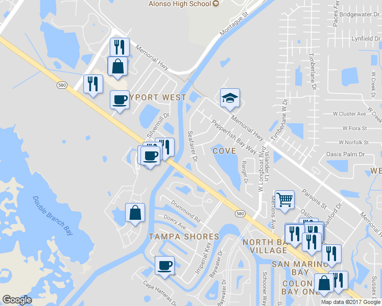 map of restaurants, bars, coffee shops, grocery stores, and more near 10901 Suncrest Court in Tampa