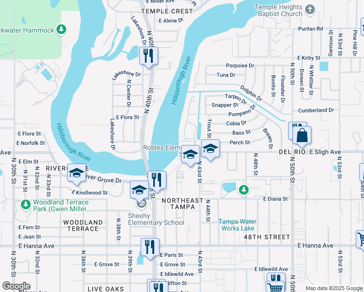 map of restaurants, bars, coffee shops, grocery stores, and more near 4102 Oak Knoll Court in Tampa