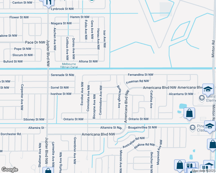 map of restaurants, bars, coffee shops, grocery stores, and more near 661 Estaugh Street Northwest in Palm Bay