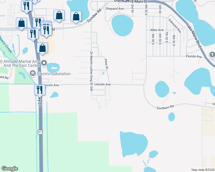 map of restaurants, bars, coffee shops, grocery stores, and more near 101 Lincoln Avenue in Dundee
