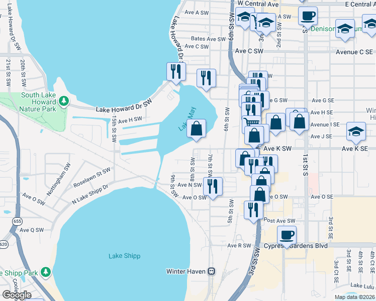 map of restaurants, bars, coffee shops, grocery stores, and more near 152 Avenue L Southwest in Winter Haven