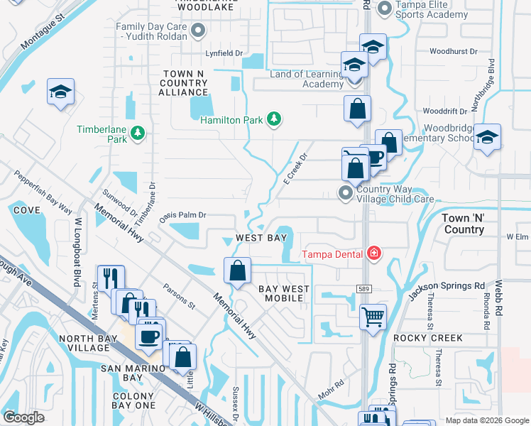 map of restaurants, bars, coffee shops, grocery stores, and more near 6801 West Creek Drive in Tampa