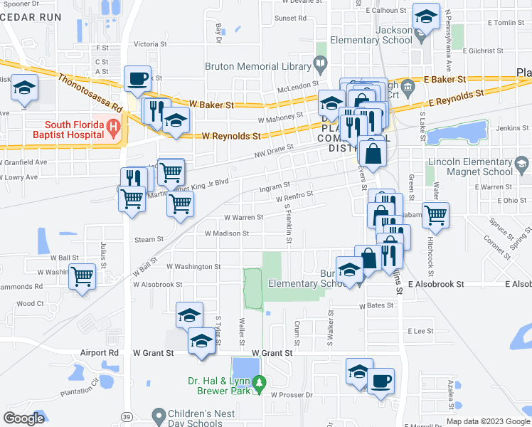 map of restaurants, bars, coffee shops, grocery stores, and more near 810 West Warren Street in Plant City