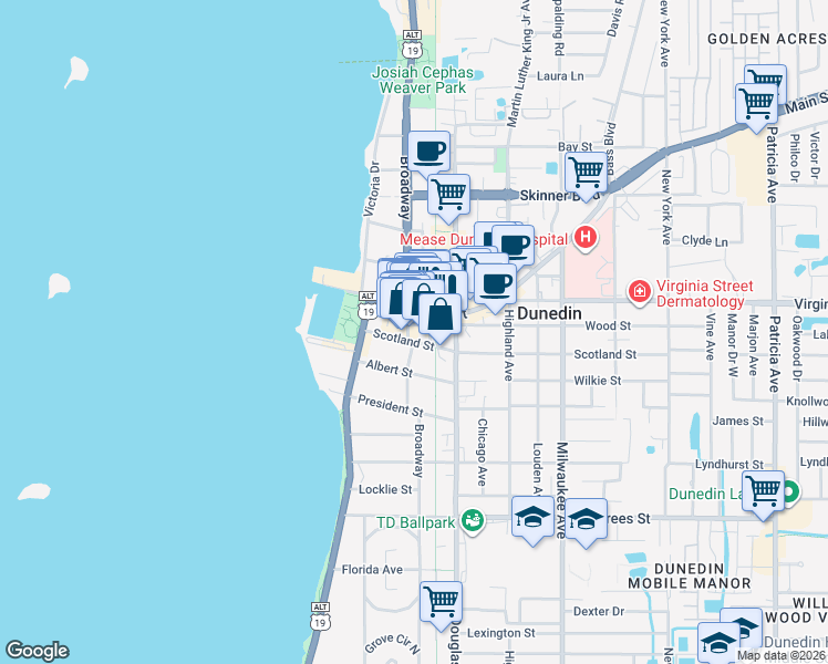 map of restaurants, bars, coffee shops, grocery stores, and more near 719 Broadway in Dunedin
