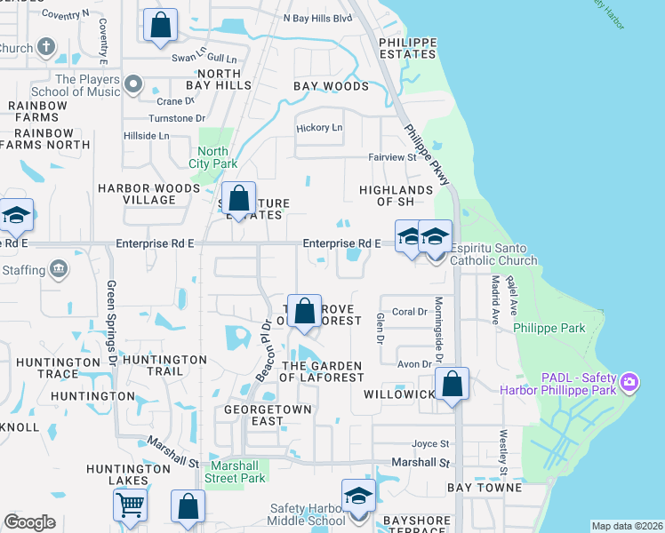 map of restaurants, bars, coffee shops, grocery stores, and more near 3545 Enterprise Road East in Safety Harbor