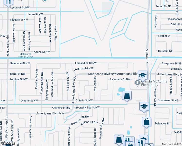 map of restaurants, bars, coffee shops, grocery stores, and more near 419 Americana Boulevard Northwest in Palm Bay
