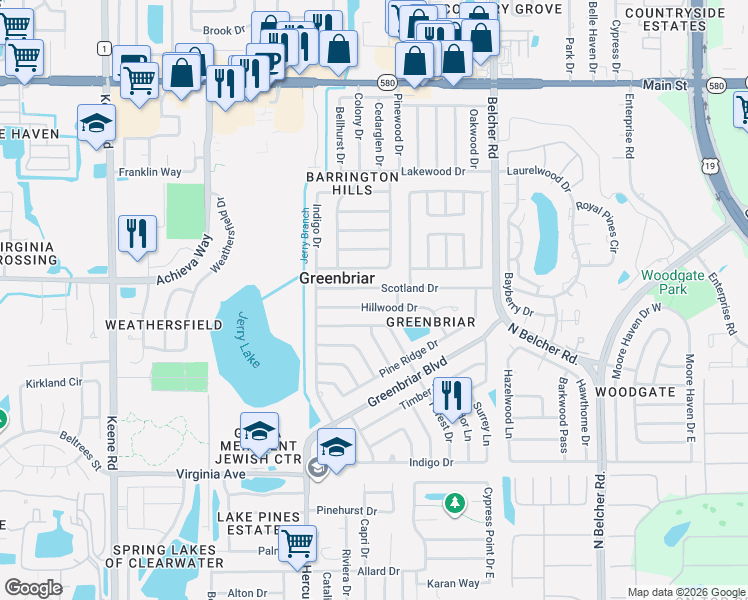 map of restaurants, bars, coffee shops, grocery stores, and more near 2032 Hillwood Drive in Clearwater