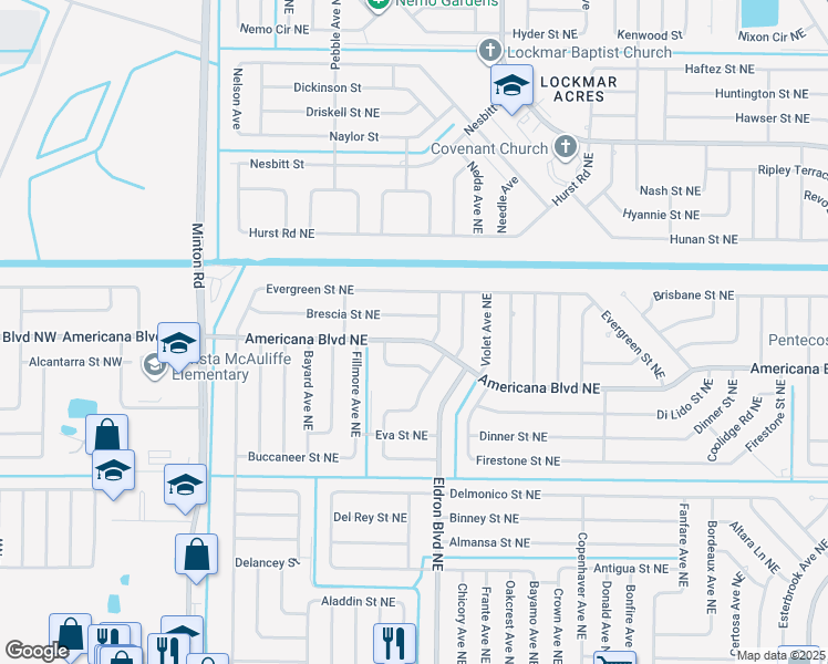 map of restaurants, bars, coffee shops, grocery stores, and more near 365 Americana Boulevard Northeast in Palm Bay