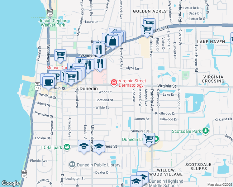 map of restaurants, bars, coffee shops, grocery stores, and more near 737 Wood Street in Dunedin