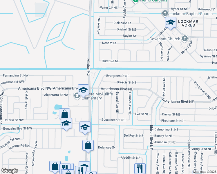 map of restaurants, bars, coffee shops, grocery stores, and more near 171 Americana Boulevard Northeast in Palm Bay