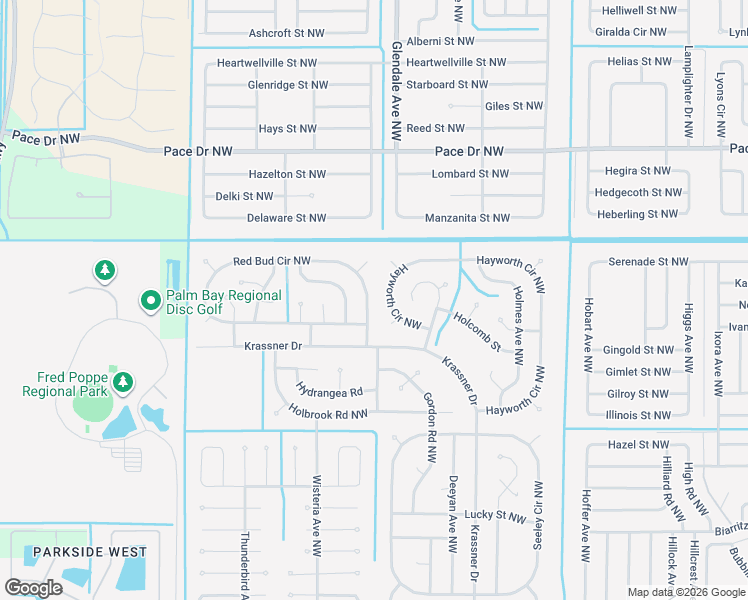 map of restaurants, bars, coffee shops, grocery stores, and more near 1643 Red Bud Circle Northwest in Palm Bay