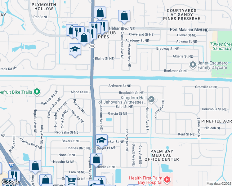 map of restaurants, bars, coffee shops, grocery stores, and more near 1802 Brookside Street Northeast in Palm Bay