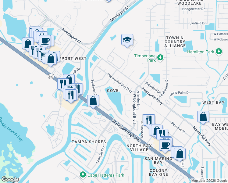 map of restaurants, bars, coffee shops, grocery stores, and more near 6702 Longpointe Way in Tampa