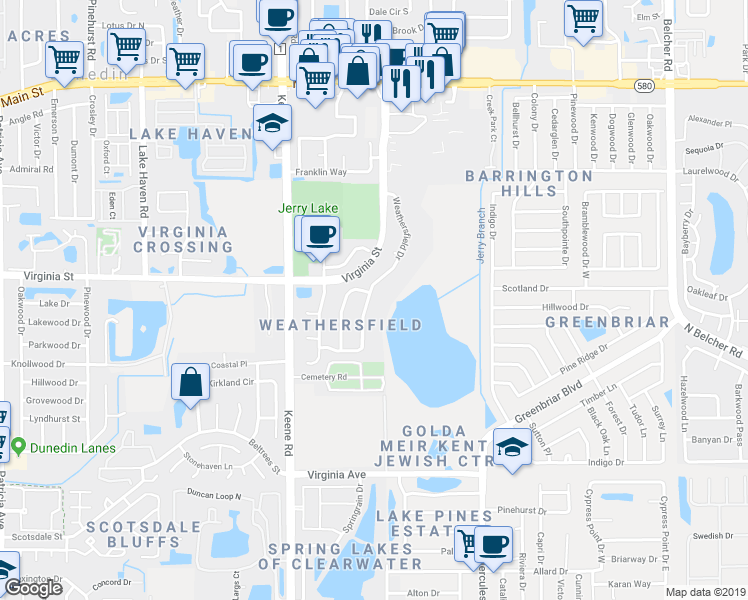 map of restaurants, bars, coffee shops, grocery stores, and more near 771 Weathersfield Drive in Dunedin
