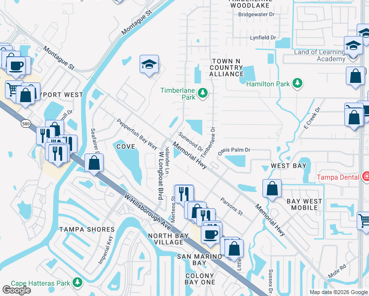 map of restaurants, bars, coffee shops, grocery stores, and more near 6702 Village Grove Court in Tampa