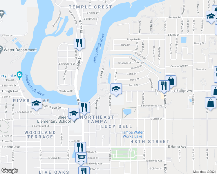 map of restaurants, bars, coffee shops, grocery stores, and more near in Tampa