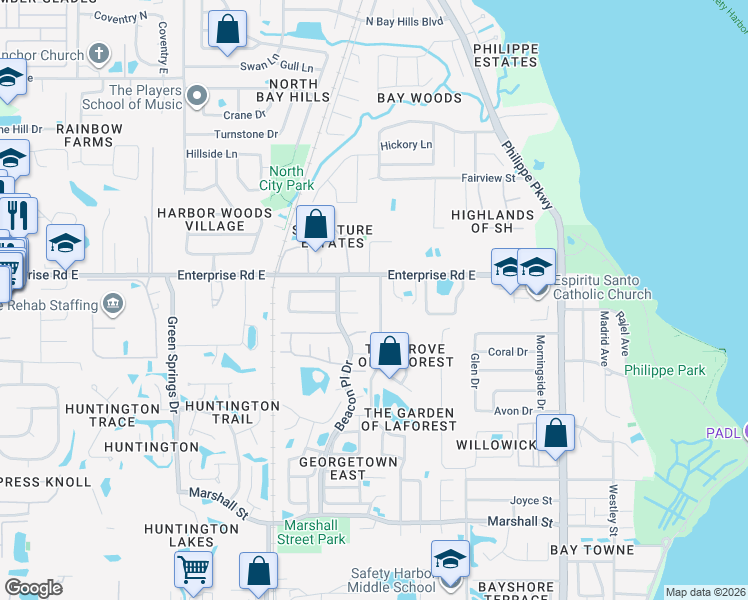 map of restaurants, bars, coffee shops, grocery stores, and more near 2404 Country Trails Drive in Safety Harbor