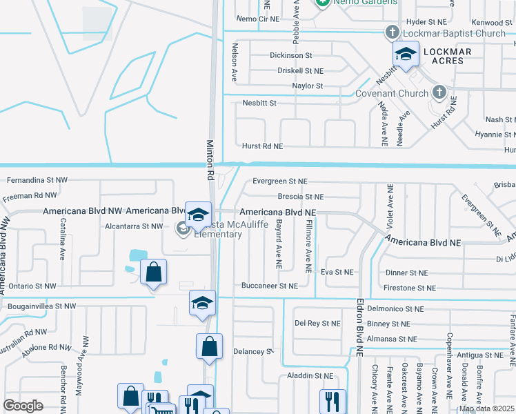 map of restaurants, bars, coffee shops, grocery stores, and more near 199 Americana Boulevard Northeast in Palm Bay