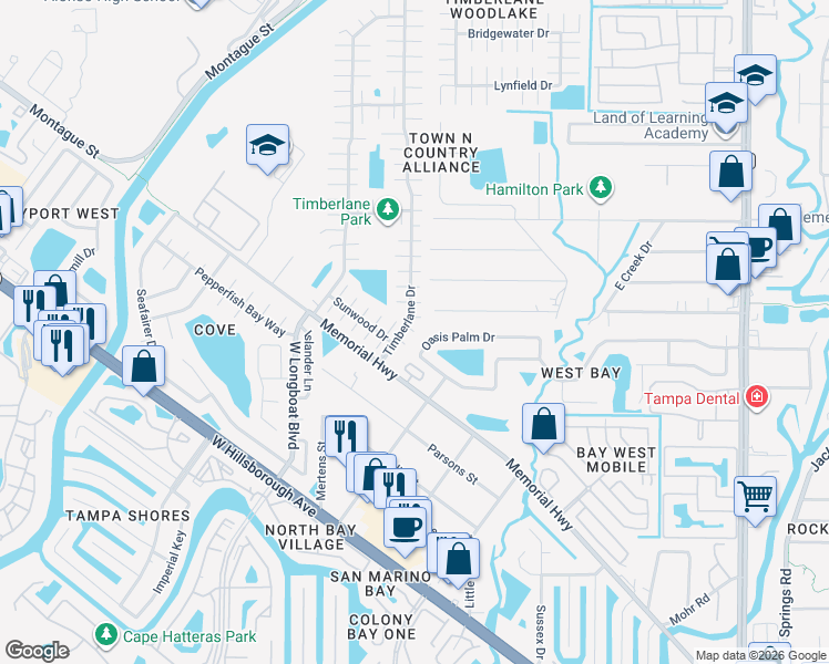 map of restaurants, bars, coffee shops, grocery stores, and more near 10102 Bay Wind Court in Tampa
