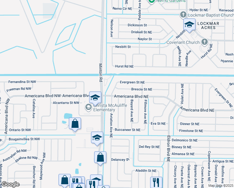 map of restaurants, bars, coffee shops, grocery stores, and more near 141 Americana Boulevard Northeast in Palm Bay