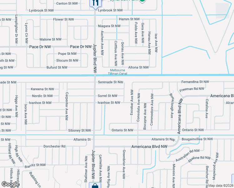 map of restaurants, bars, coffee shops, grocery stores, and more near 831 Sorrel Street Northwest in Palm Bay