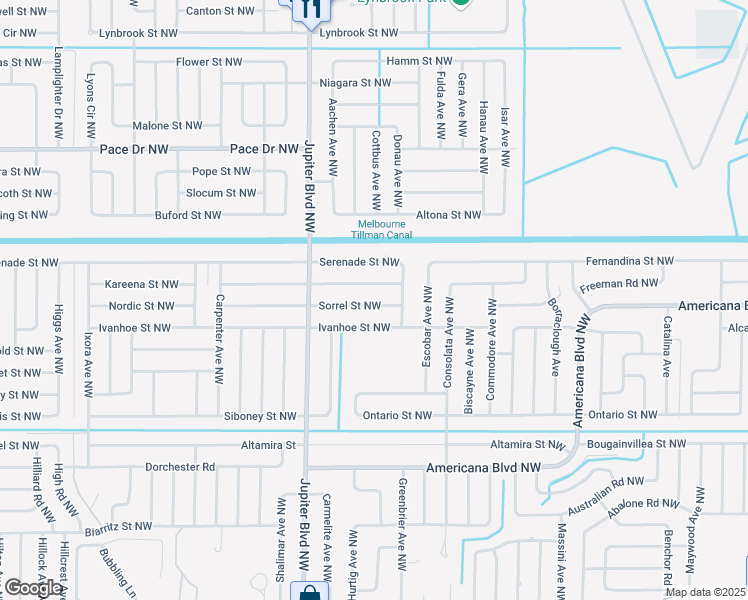 map of restaurants, bars, coffee shops, grocery stores, and more near 831 Sorrel Street Northwest in Palm Bay