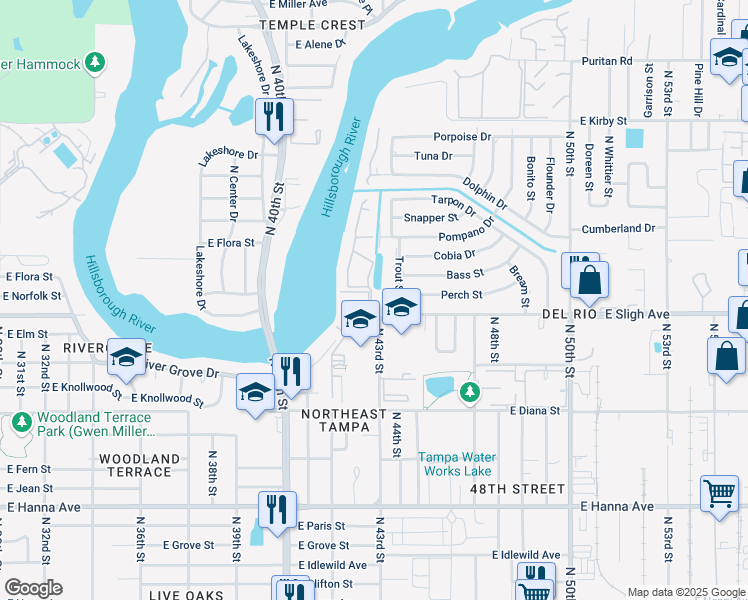 map of restaurants, bars, coffee shops, grocery stores, and more near 7009 Waterside Drive in Tampa