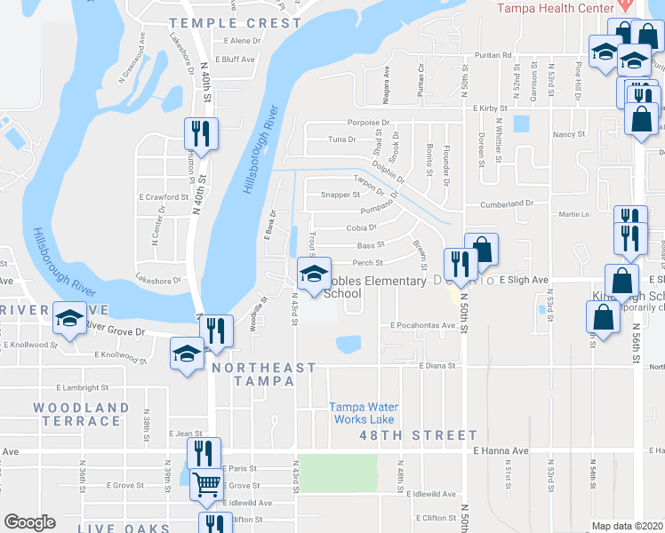 map of restaurants, bars, coffee shops, grocery stores, and more near 4407 Perch Street in Tampa