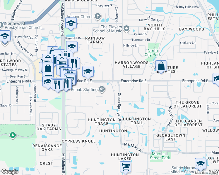 map of restaurants, bars, coffee shops, grocery stores, and more near 2414 Huntington Boulevard in Safety Harbor