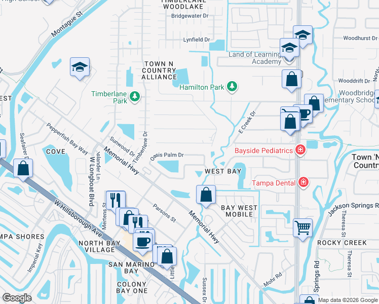 map of restaurants, bars, coffee shops, grocery stores, and more near 10255 Oasis Palm Drive in Tampa