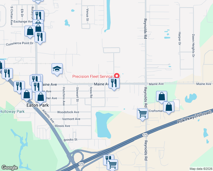 map of restaurants, bars, coffee shops, grocery stores, and more near 3103 Maine Avenue in Lakeland
