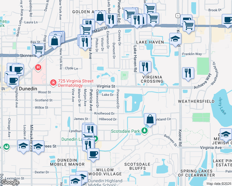 map of restaurants, bars, coffee shops, grocery stores, and more near 757 Pinewood Drive in Dunedin