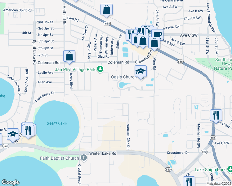 map of restaurants, bars, coffee shops, grocery stores, and more near 716 Waterbridge Drive in Winter Haven