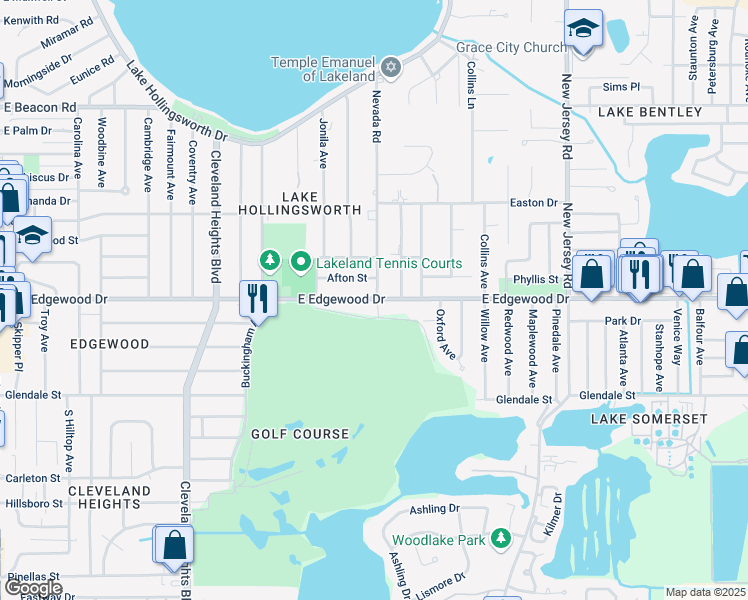 map of restaurants, bars, coffee shops, grocery stores, and more near 1205 East Edgewood Drive in Lakeland