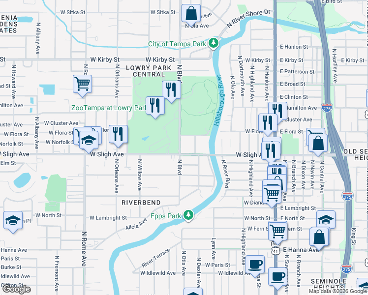 map of restaurants, bars, coffee shops, grocery stores, and more near 6907 North Boulevard in Tampa