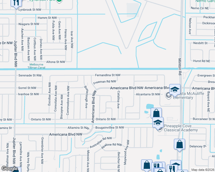map of restaurants, bars, coffee shops, grocery stores, and more near 455 Americana Boulevard Northwest in Palm Bay