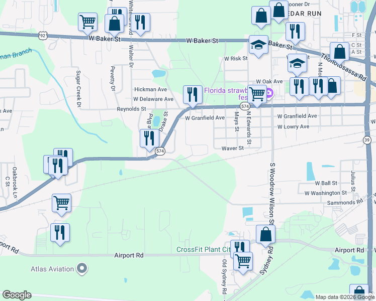 map of restaurants, bars, coffee shops, grocery stores, and more near 4 Westside Drive in Plant City
