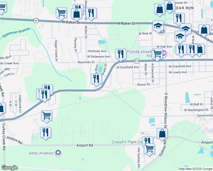 map of restaurants, bars, coffee shops, grocery stores, and more near 13 Euclid Drive in Plant City