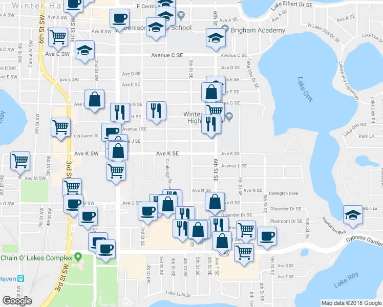 map of restaurants, bars, coffee shops, grocery stores, and more near 498 Avenue K Southeast in Winter Haven