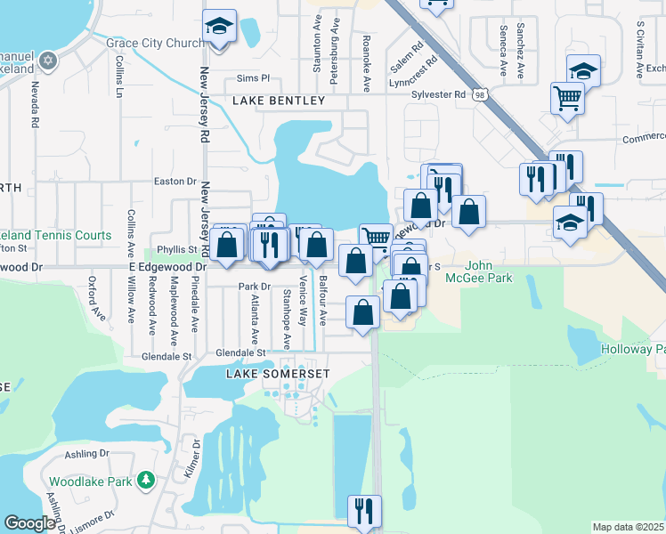 map of restaurants, bars, coffee shops, grocery stores, and more near in Lakeland
