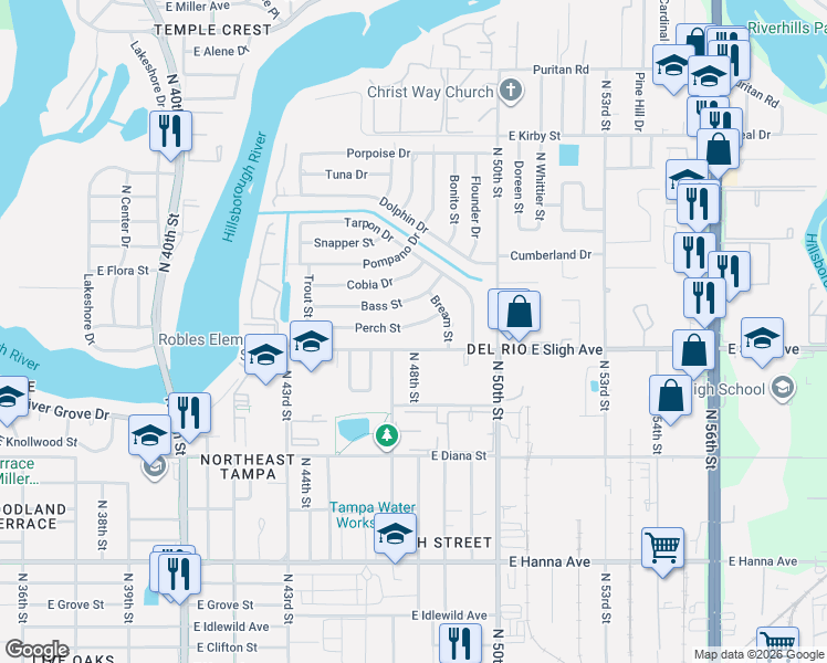 map of restaurants, bars, coffee shops, grocery stores, and more near 4704 East Sligh Avenue in Tampa