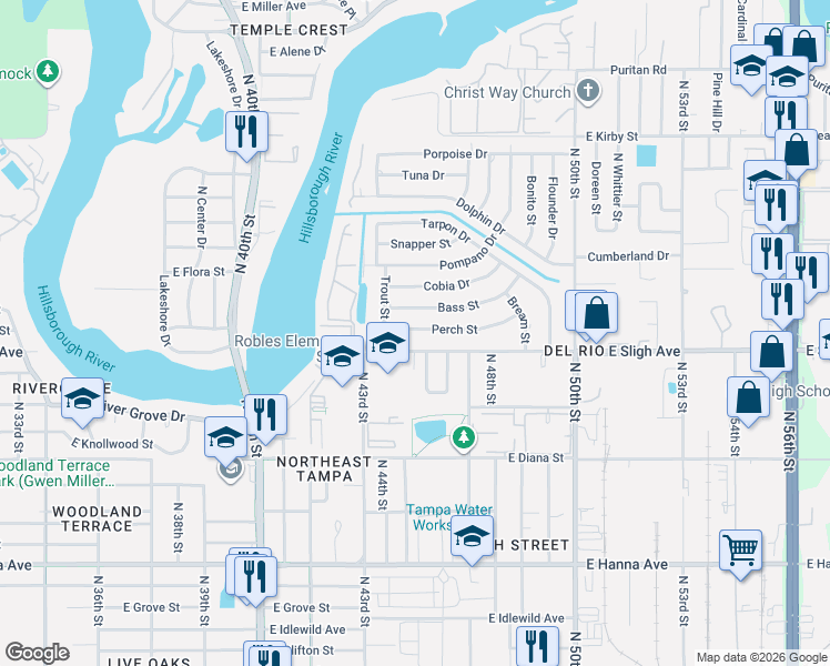 map of restaurants, bars, coffee shops, grocery stores, and more near 4406 East Sligh Avenue in Tampa