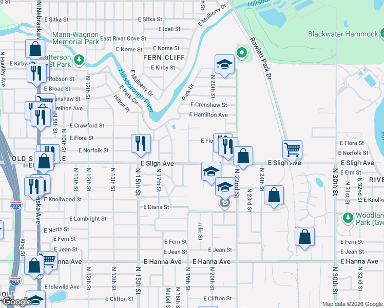 map of restaurants, bars, coffee shops, grocery stores, and more near 6903 North 19th Street in Tampa